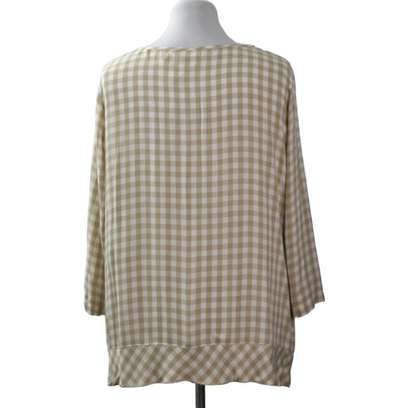 J Jill Top Blouse Womens XL Beige White Checked Rayon - Picture 4 of 9